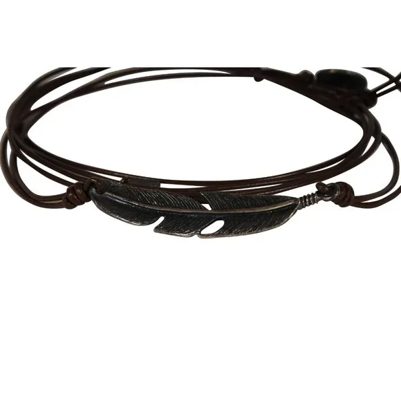 M Cohen Brown Leather Rope Feather Bracelet 925 Silver Convertible Necklace